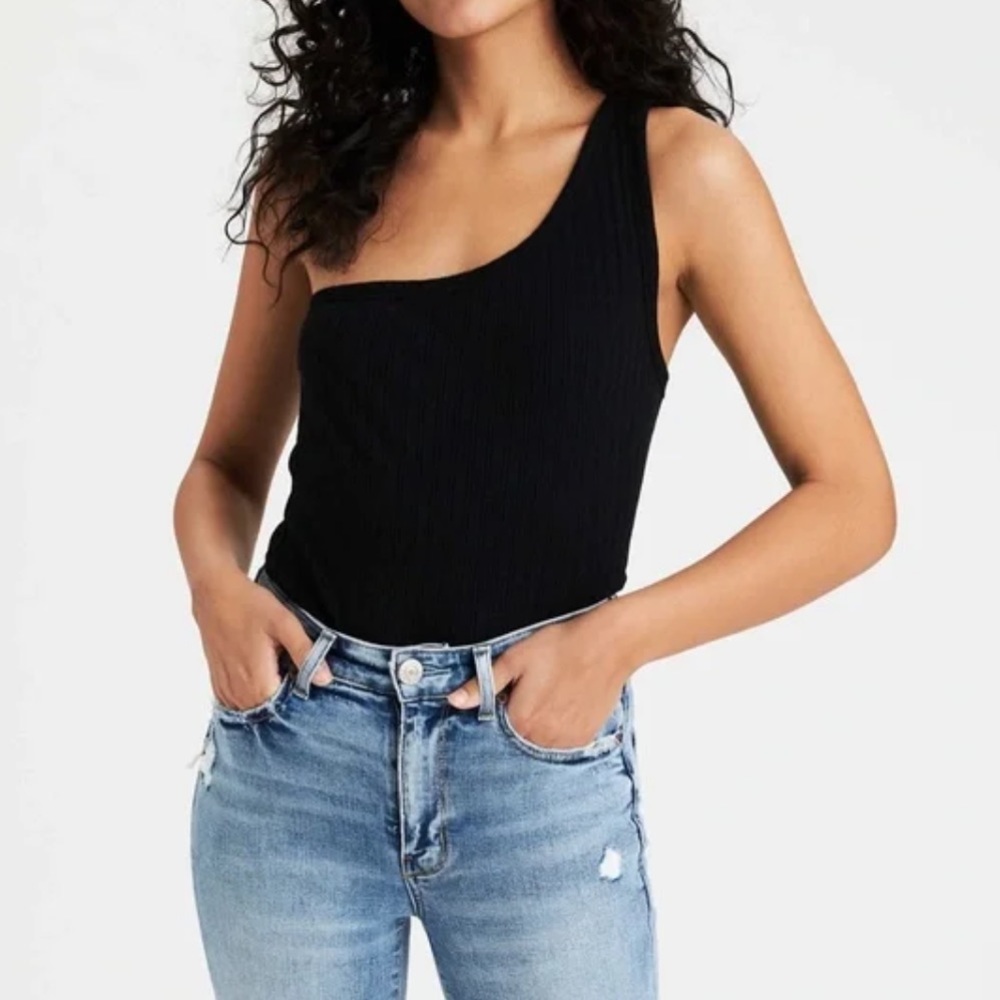American Eagle Black Ribbed One Strap Tank Top
